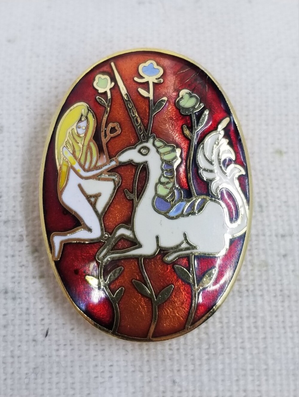 Unicorn & Maiden Cloissoné Enamel Brooch